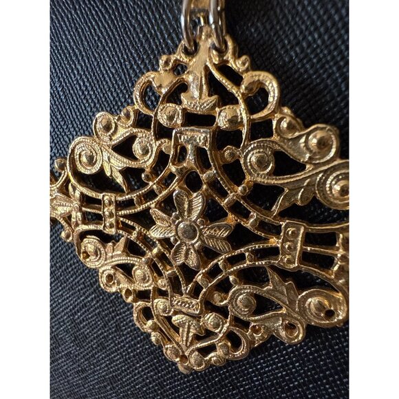 Vintage Gold-Tone Filigree Pendant Necklace With Double Cross Unique - Picture 5 of 15